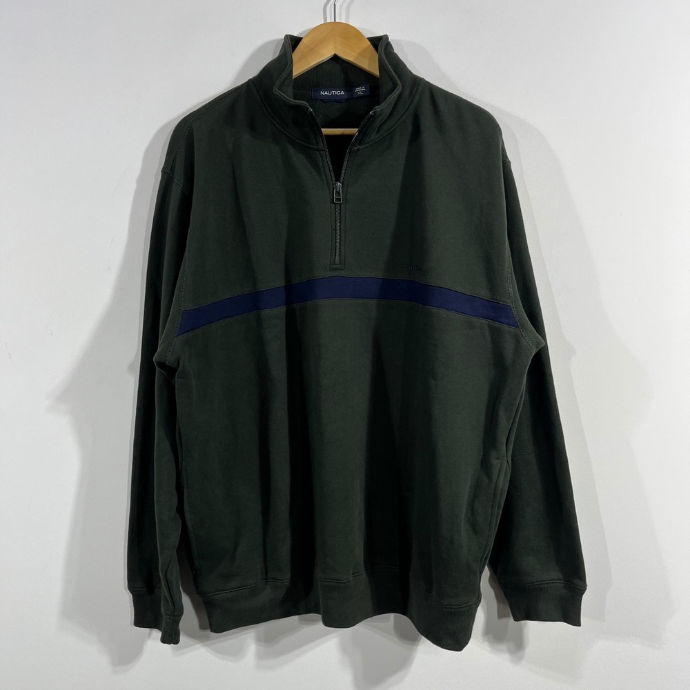 Nautica Coastal Preppy 1/4 Zip Pullover Sweatshirt Green Stripe Fleece Mens XL